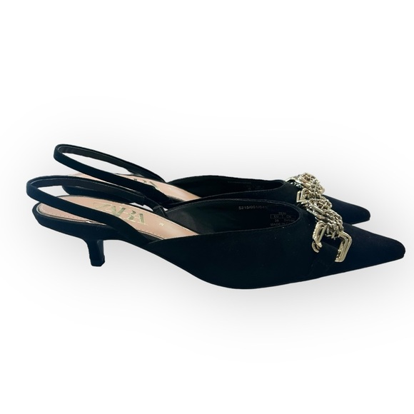 NWOT Zara Black Suede Pointy Toe Slingback Kitten Heels With Gold Chain - Picture 6 of 13